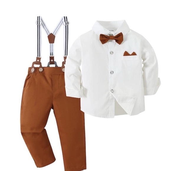 Kids White and Brown Suspender Outfit Set - Picture 1 of 4